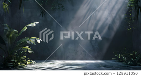 Sleek Black and Grey Studio Background with Leaves - Ai Generated 128911050