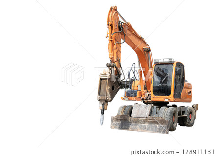 Large road excavator isolated on white background. Large road excavator isolated on white background. 128911131