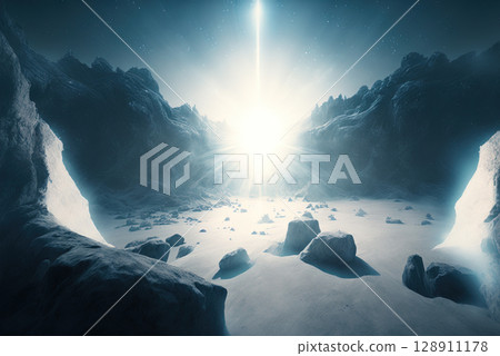 Alien sci-fi landscape with mountains on the sunrise. Science fiction scene of a distant planet. Generated AI. 128911178