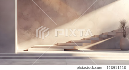 Minimalist Stairs Background, Clean and Simple Product Presentation - Ai Generated 128911218