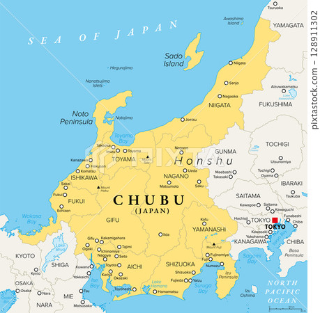 Chubu, region of Japan, political map. Also known as Central Region or Central Japan, a region in the middle of main island Honshu, encompassing nine prefectures. Map with capitals and largest cities. 128911302