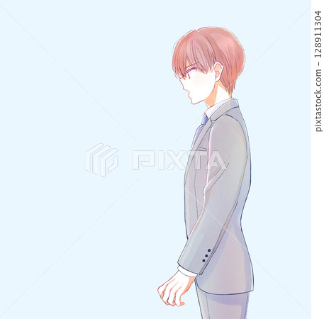 Male office worker with a straight face knee shot 128911304