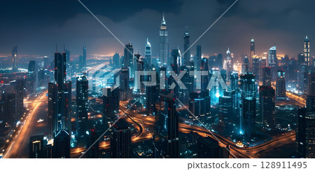 Futuristic cityscape at night - Ai Generated 128911495