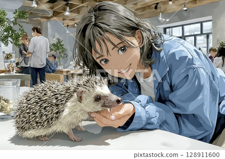 刺蝟咖啡館－一位女士與刺蝟互動的插圖 128911600
