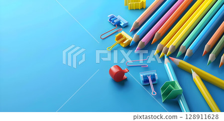 Colorful crayons, pencils and erasers on blue background with copy space - Ai Generated 128911628
