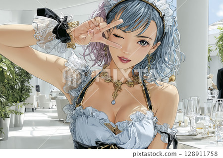 Maid cafe illustration material: A woman smiling and making a V sign 128911758
