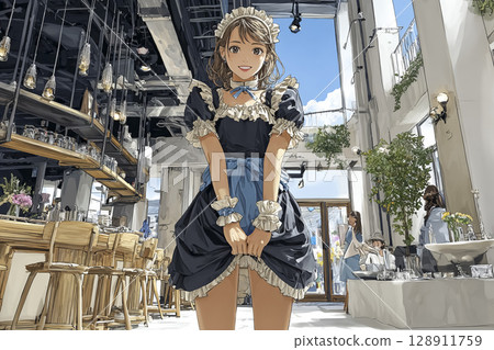 Maid cafe illustration material of a smiling woman welcoming customers 128911759