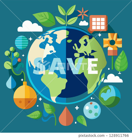 Safe the planet poster. Happy earth day. Ecology concept image. Cartoon style. Vector illustration 128911766