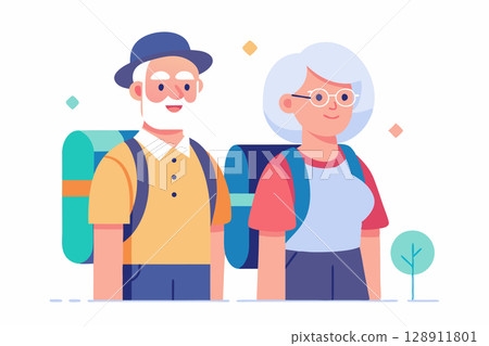 Elderly couple traveling with backpacks. Flat vector illustration on white background Elderly couple traveling with backpacks. Flat vector illustration on white background 128911801