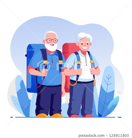 Elderly couple traveling with backpacks. Cartoon vector illustration 128911803