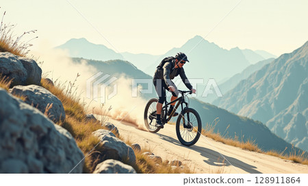 Cyclist speeding down a mountain trail 128911864