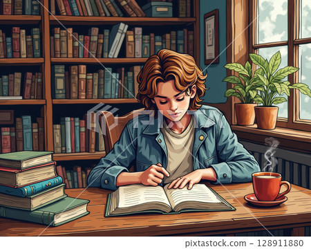 Female student with books working in a library 128911880