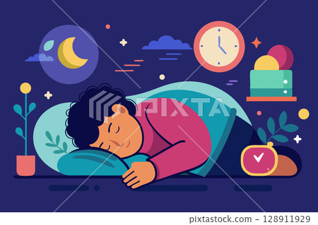 8-hour sleep concept image. Wellness and healthy night rest vector illustration 8-hour sleep concept image. Wellness and healthy night rest vector illustration 128911929