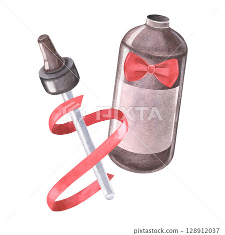 Opened bottle with pipette, blank label, red ribbon and bow tie. Skincare and haircare watercolor isolated on white background. Perfect for barber products, cosmetology, dermatology, gentlemen design 128912037