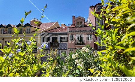 Charming Lisbon Buildings with Colorful Facades and Greenery Charming Lisbon Buildings with Colorful Facades and Greenery 128912060