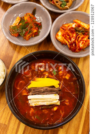 Korean traditional food. yukgaejang, hot spicy meat stew 128912067