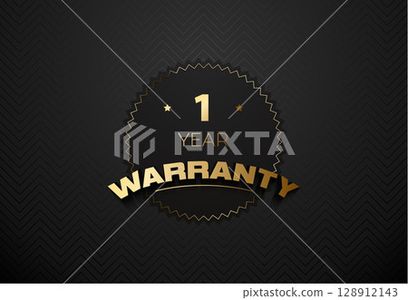 Warranty tag label stamp, black gold one year luxury patch. Guaranteed gold badge banner in gold and black seal or label vector icon 128912143