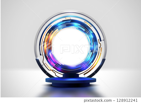 Abstract round 3d blue podium with technology circle glow rings on background. Blue purple light effect. Vector white wall background mockup for product presentation. Realistic stage showcase scene Abstract round 3d blue podium with technology circle glow rings on background. Blue purple light effect. Vector white wall background mockup for product presentation. Realistic stage showcase scene 128912241