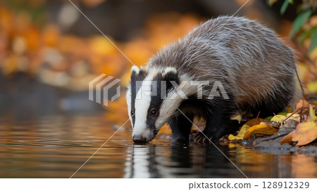 Close-Up of a Badger Drinking Water from a Forest Stream in Autumn 128912329