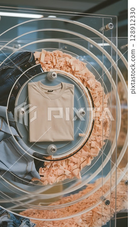 Circular Textile Recycling Display with T-shirt and Shredded Fabric in Layers 128912330
