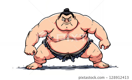 Funny rikishi sumo wrestler isolated on a white background. Cartoon style illustration of a logo print traditional Japanese wrestling. Funny rikishi sumo wrestler isolated on a white background. Cartoon style illustration of a logo print traditional Japanese wrestling. 128912413