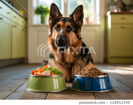 Alert German Shepherd Dog with Two Food Bowls Containing Kibble and Fresh Ingredients Alert German Shepherd Dog with Two Food Bowls Containing Kibble and Fresh Ingredients 128912549