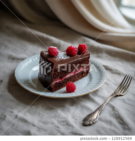 Decadent Chocolate Raspberry Cake Slice with Pink Filling and Fresh Berries on White Plate Decadent Chocolate Raspberry Cake Slice with Pink Filling and Fresh Berries on White Plate 128912569