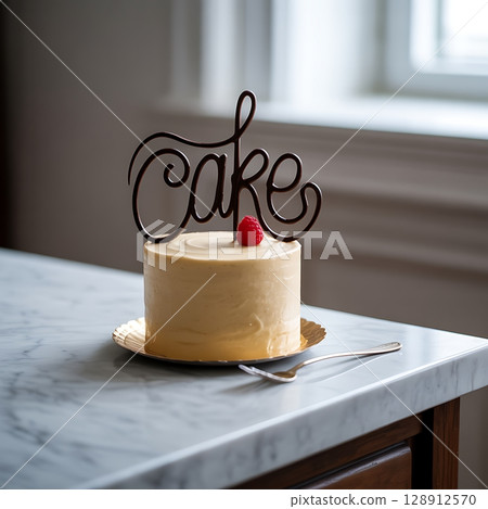 Elegant Vanilla Buttercream Cake with Cursive Chocolate 'Cake' Topper and Single Raspberry Garnish Elegant Vanilla Buttercream Cake with Cursive Chocolate 'Cake' Topper and Single Raspberry Garnish 128912570