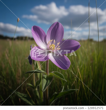 Vibrant Purple Wildflower in Open Meadow with Bright Blue Sky and Puffy White Clouds Background Vibrant Purple Wildflower in Open Meadow with Bright Blue Sky and Puffy White Clouds Background 128912571
