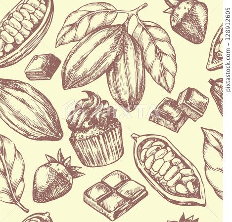 Seamless vector pattern with cocoa beans, chocolate and candies. Vintage illustration in sketch style 128912605