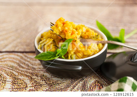 Healthy vegetable lunch with yellow pea porridge Healthy vegetable lunch with yellow pea porridge 128912615