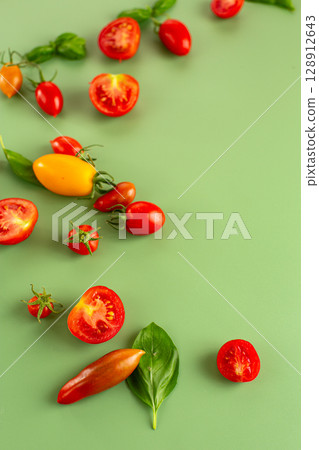 Healthy vegan ingredients tomatoes basil leaves for salad Healthy vegan ingredients tomatoes basil leaves for salad 128912643
