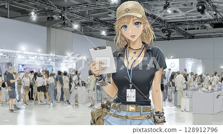 Illustration material of a female staff member giving instructions at the event venue 128912796