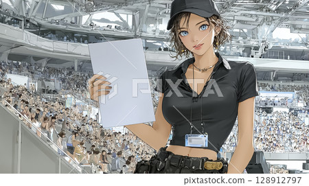 一名女工作人員引導人們前往體育場座位的插圖素材 128912797