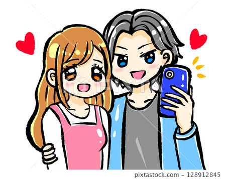 Illustration material of a couple taking a selfie on a date 2 Illustration material of a couple taking a selfie on a date 2 128912845
