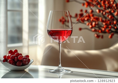 Luxury lifestyle. Elegant Wine Glass filled with red wine. Mockup for wine industry branding. 128912923
