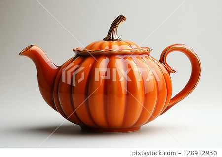 Ceramic teapot in shape of a orange pumpkin in a rustic style on a white background. Ceramic teapot in shape of a orange pumpkin in a rustic style on a white background. 128912930