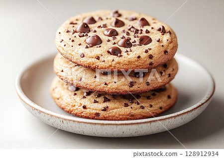 Stack of chocolate chip cookies in plate placed neatly on a white surface. Ideal for promoting sweet snacks, dessert recipes, or indulgent food moments. 128912934