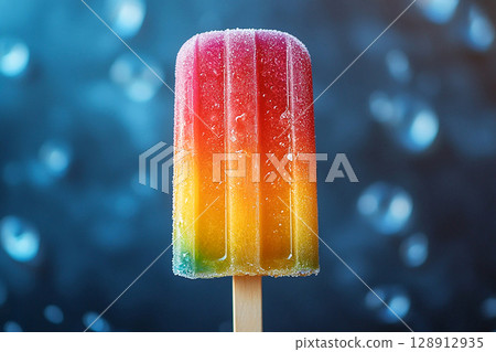 Popsicle with rainbow colors on a long stick on a summer background. Summer fun. Retro style. Popsicle with rainbow colors on a long stick on a summer background. Summer fun. Retro style. 128912935