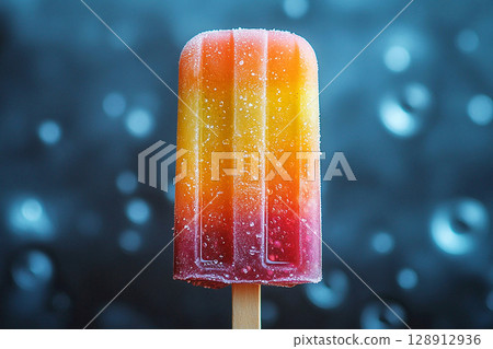 Popsicle with rainbow colors on a long stick on a summer background. Summer fun. Retro style. 128912936