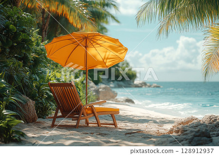 Summer nature and travel. Sunny day. Umbrella and chairs set up on sand in beach of ocean. Summer nature and travel. Sunny day. Umbrella and chairs set up on sand in beach of ocean. 128912937