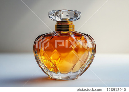 Perfume bottle with glossy on its glass surface, conveying elegance and sophistication. Ideal for high-end perfume advertisements. Perfume bottle with glossy on its glass surface, conveying elegance and sophistication. Ideal for high-end perfume advertisements. 128912940