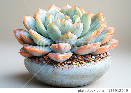 Eco-conscious marketing. Small potted succulent with thick, fleshy leaves on a white background. 128912949