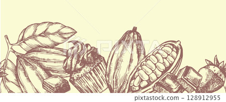 Seamless vector border with cocoa beans and chocolate. Vintage frame in sketch style Seamless vector border with cocoa beans and chocolate. Vintage frame in sketch style 128912955