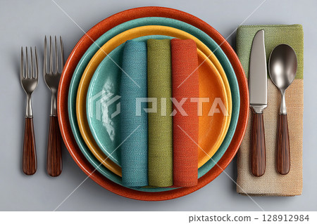 Colorful style. Kitchenware and dining products. Set for everyday dining, consisting of a fork, knife and spoon on a white background. Colorful style. Kitchenware and dining products. Set for everyday dining, consisting of a fork, knife and spoon on a white background. 128912984