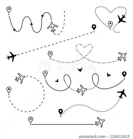 Airplane path set, vector plane route collection, flight ways with destinations. Black line and dotted signs, aircraft tracking in different variations 128913025