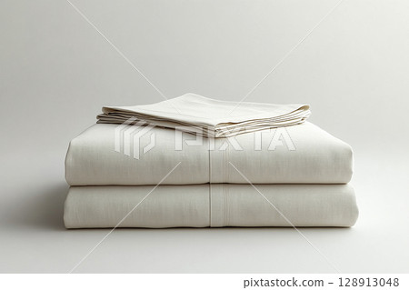 Attract interior designers. Lifestyle of premium clients. Egyptian cotton sheets on a white background. Stack of high-thread-count white sheets. 128913048