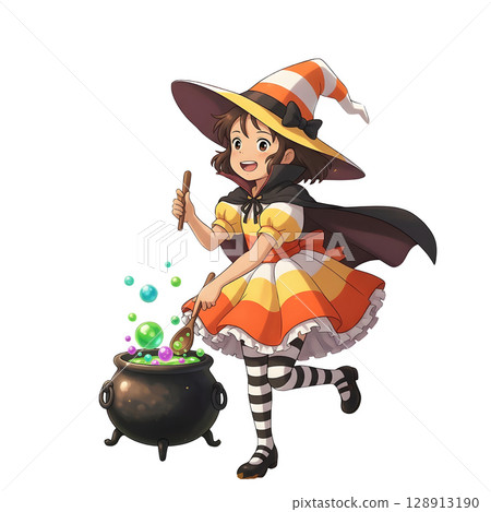 witch with magic wand and broom 128913190