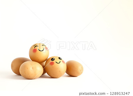 Group of potatoes with two smiling faces drawn on, playful and cheerful concept on white background, creative food expression and happy vegetable characters for fun design 128913247