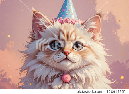 Birthday kitten in pastel party hat with sparkling confetti 128913261